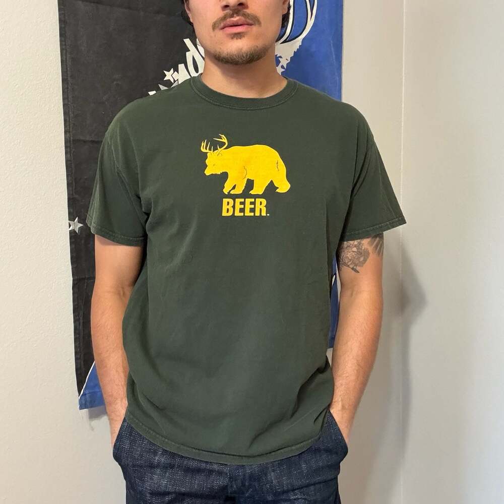 Dillon DAM Brewery Beer Graphic T-Shirt Bear Deer Antlers Get Your Own DAM Beer